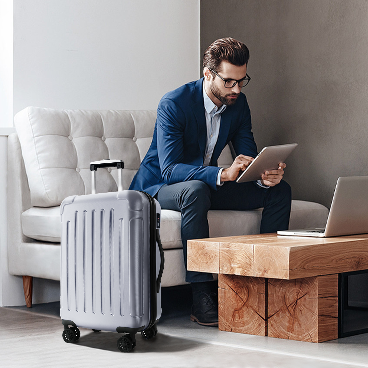 XDECO 3-Pieces Luggage set in vertical striped grey