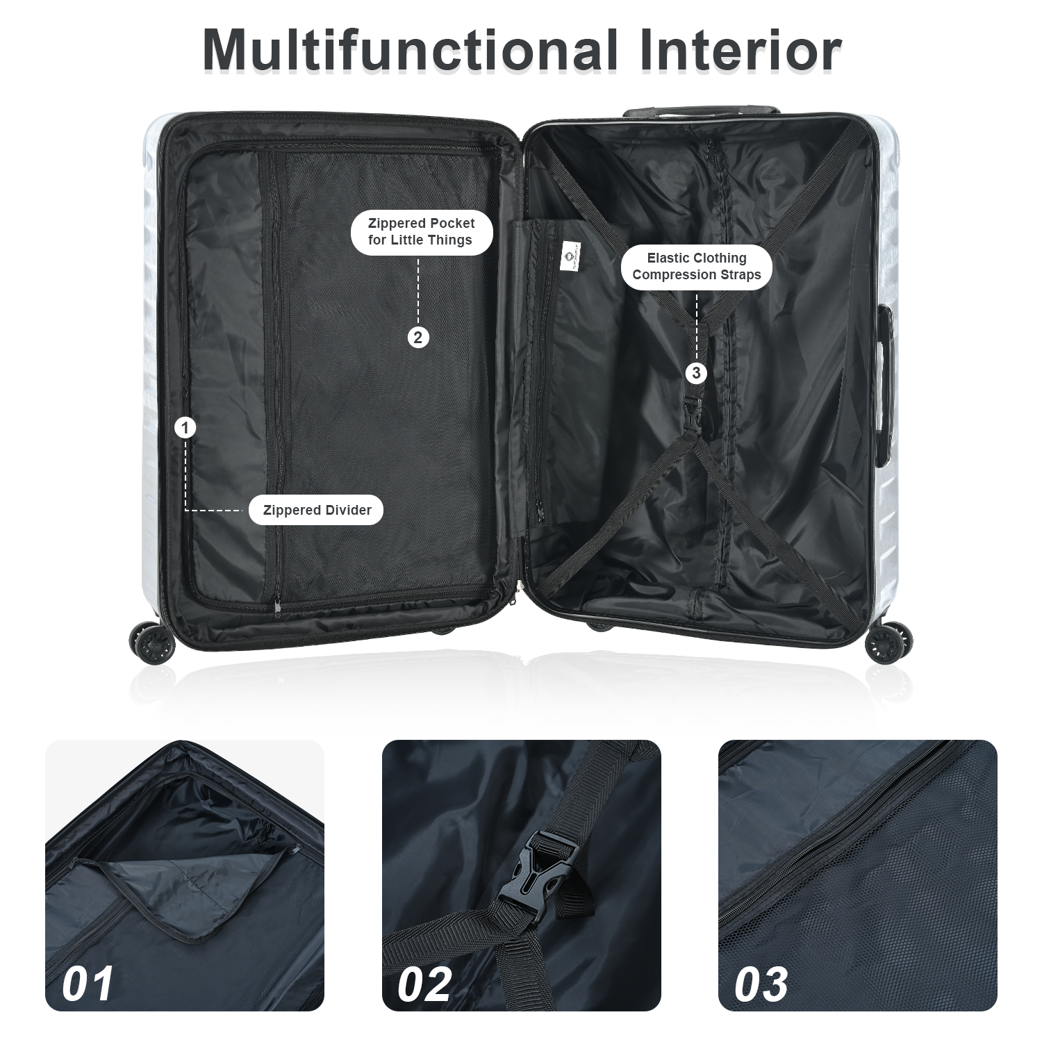 XDECO 3-Pieces Luggage set in brushed silver