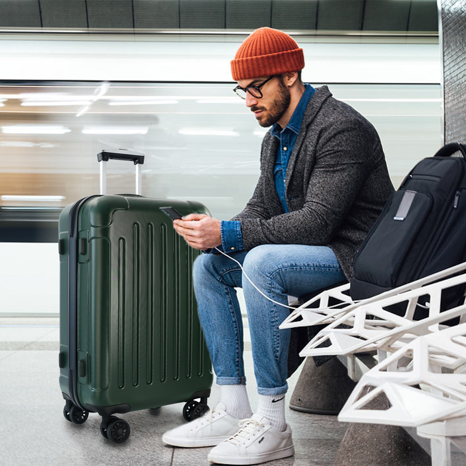 XDECO 3-Pieces Luggage set in vertical striped dark green