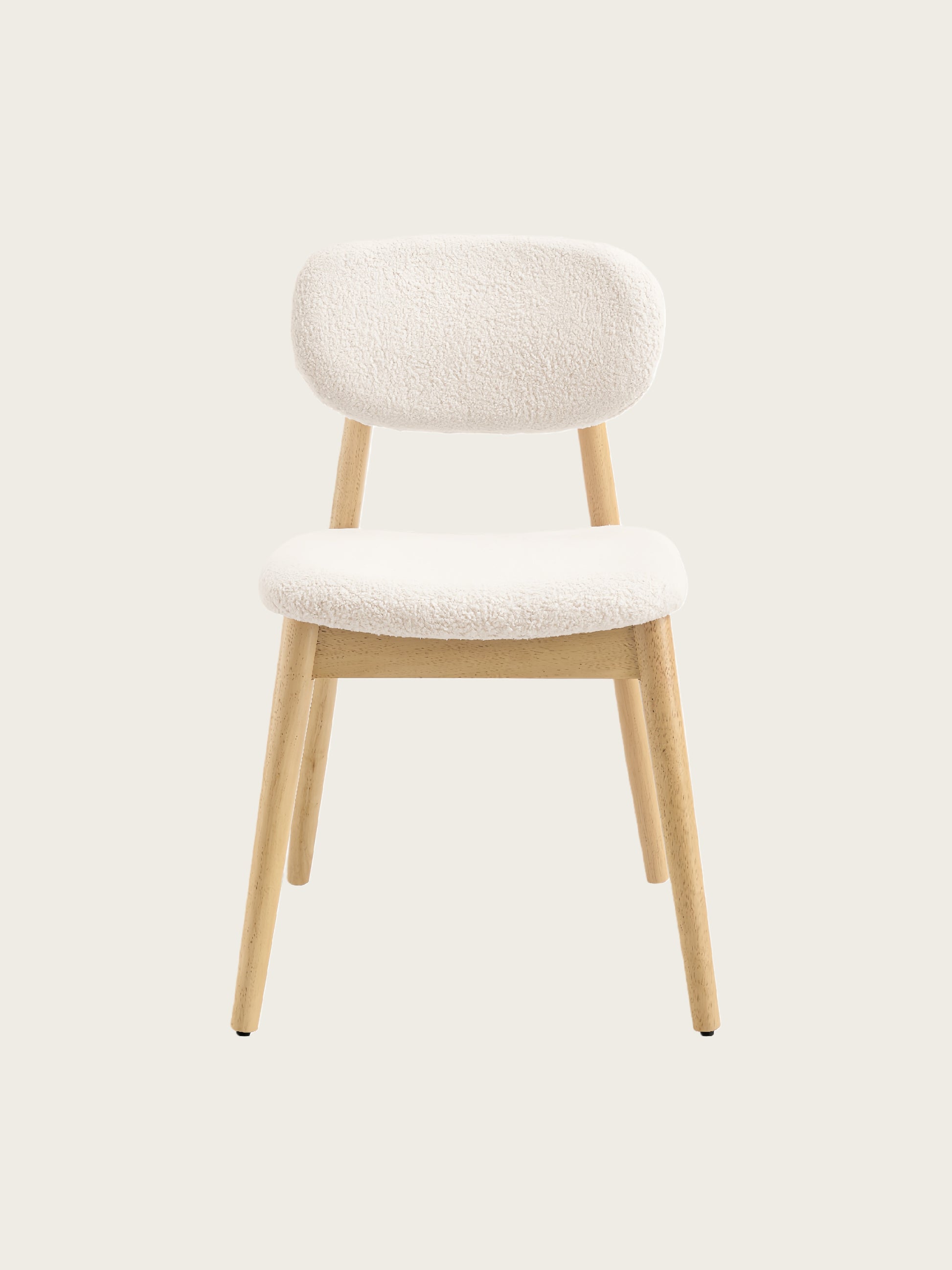 Front view of Xdeco Del Mar dining chair with teddy boucle upholstery and solid rubberwood legs