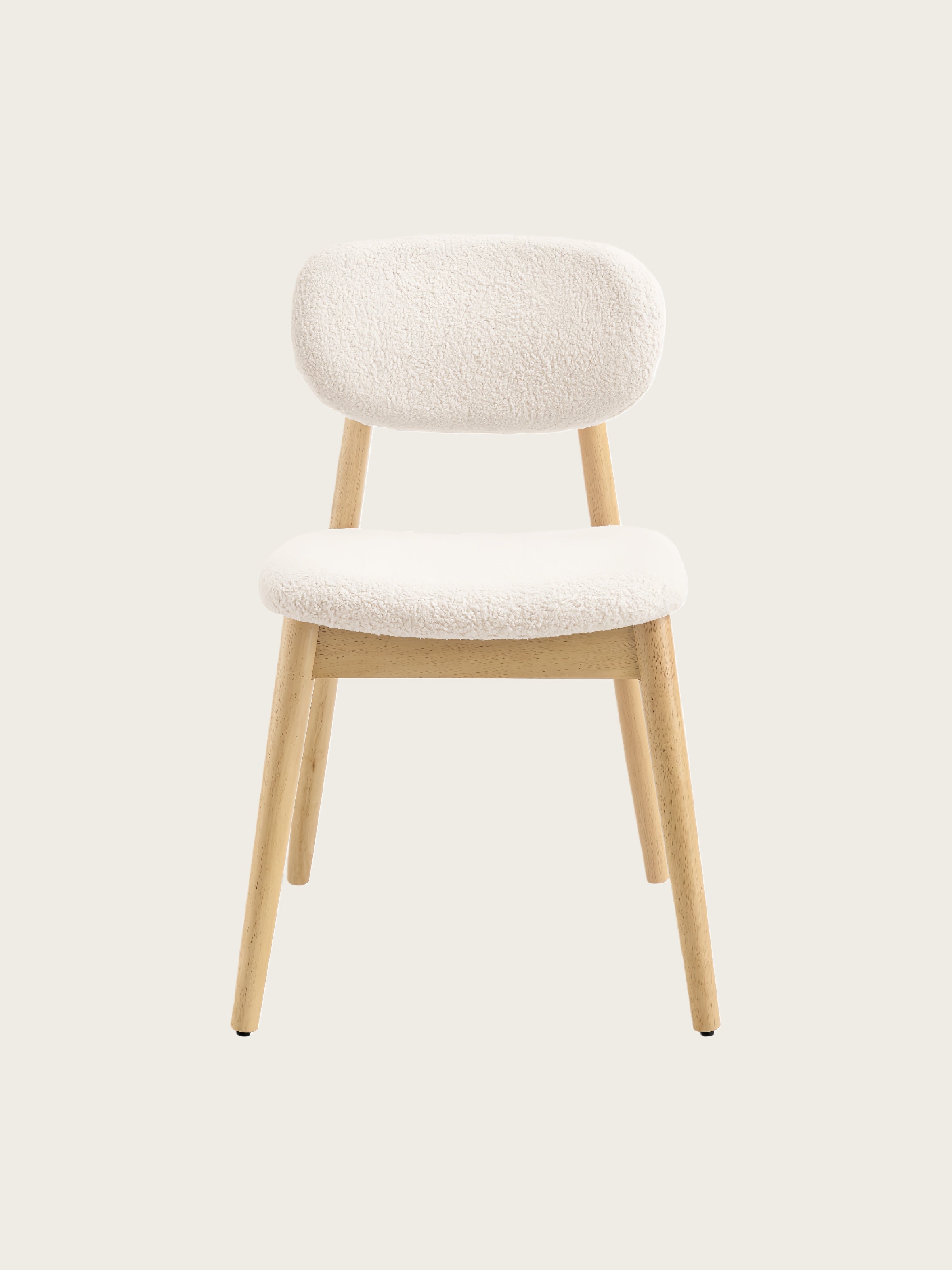 Front view of Xdeco Del Mar dining chair with teddy boucle upholstery and solid rubberwood legs
