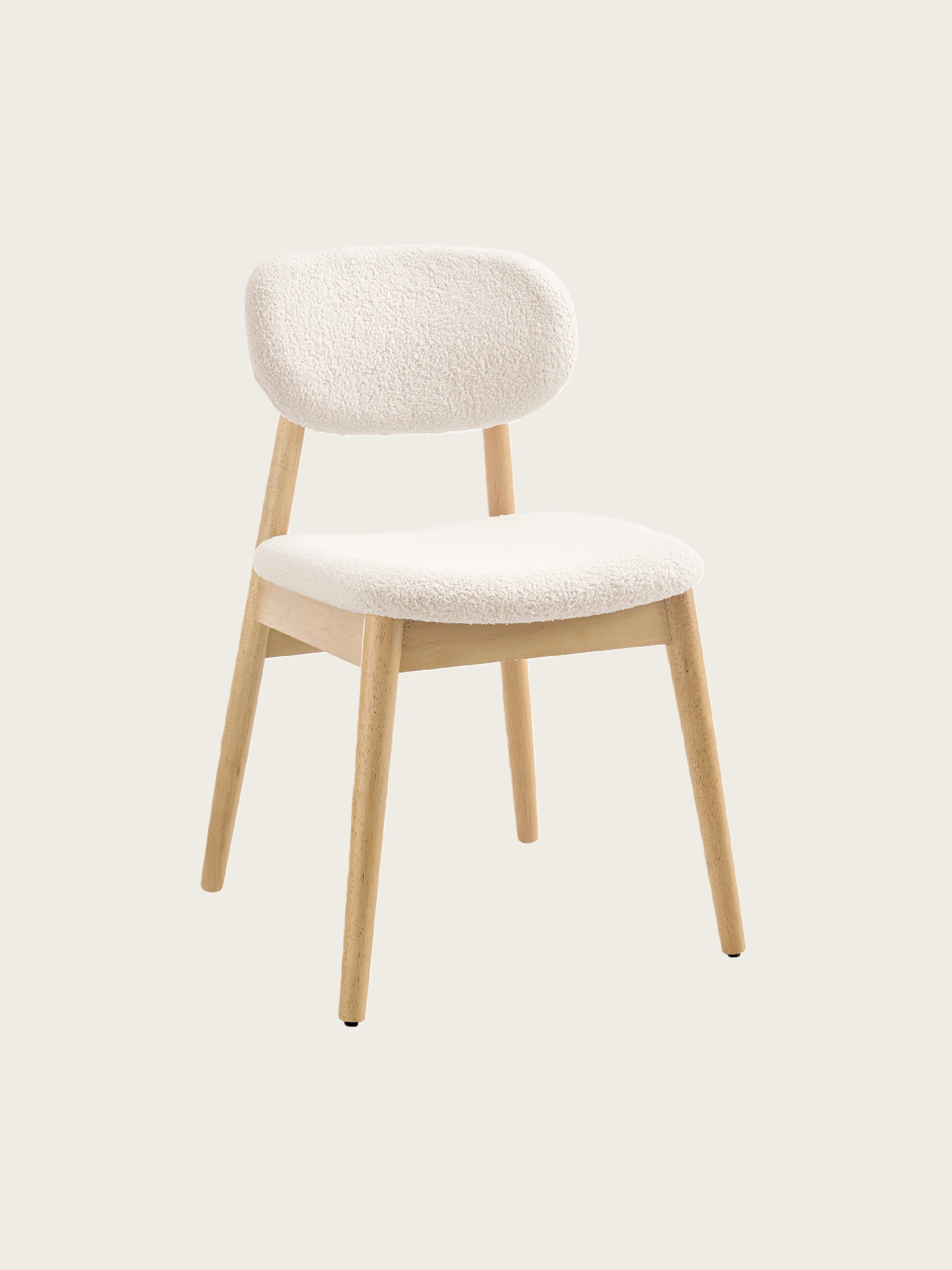 Del Mar upholstered dining chair with white teddy boucle seat and natural rubberwood legs