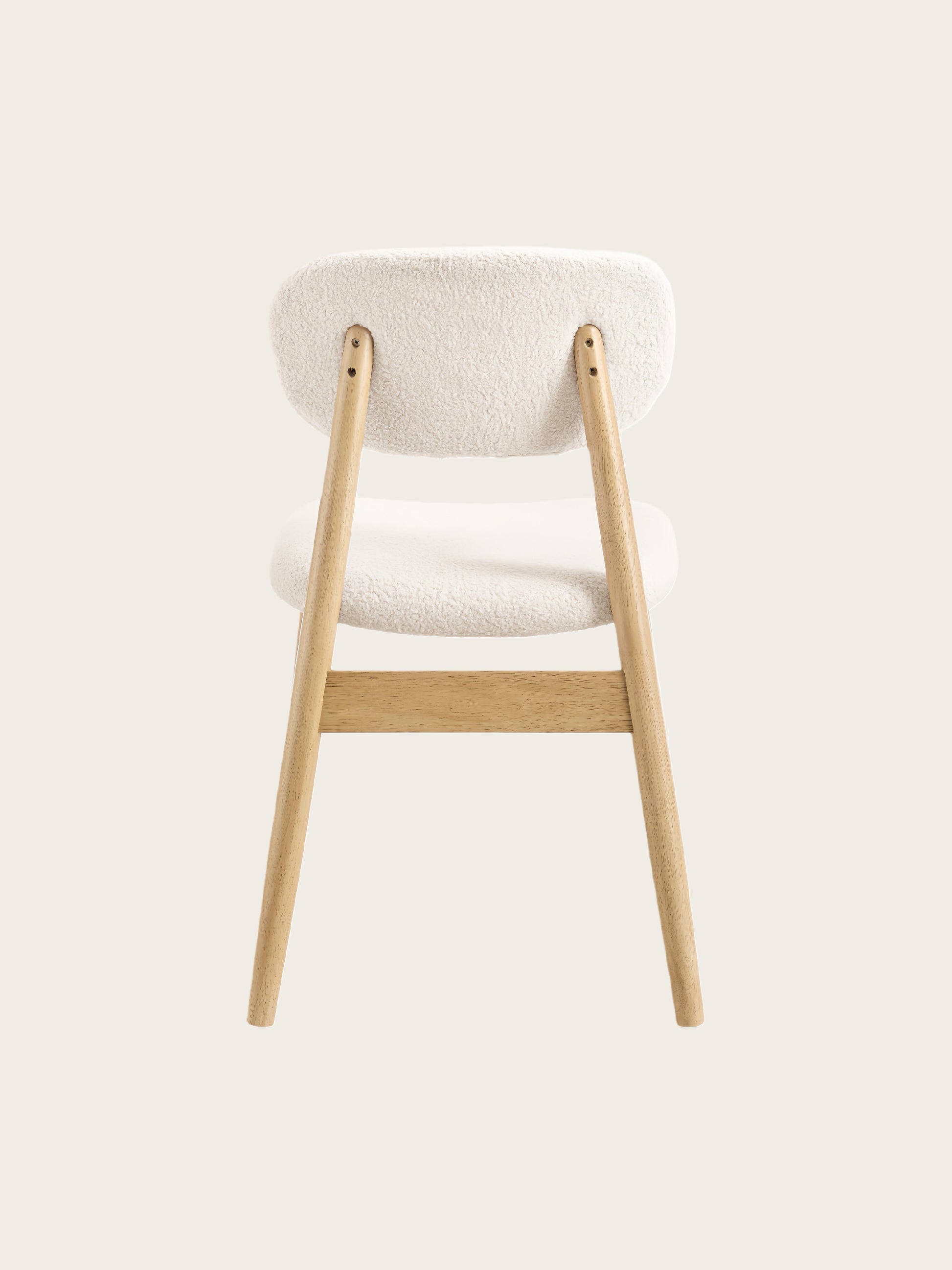 Back view of Xdeco Del Mar dining chair with teddy boucle upholstered backrest and solid rubberwood frame