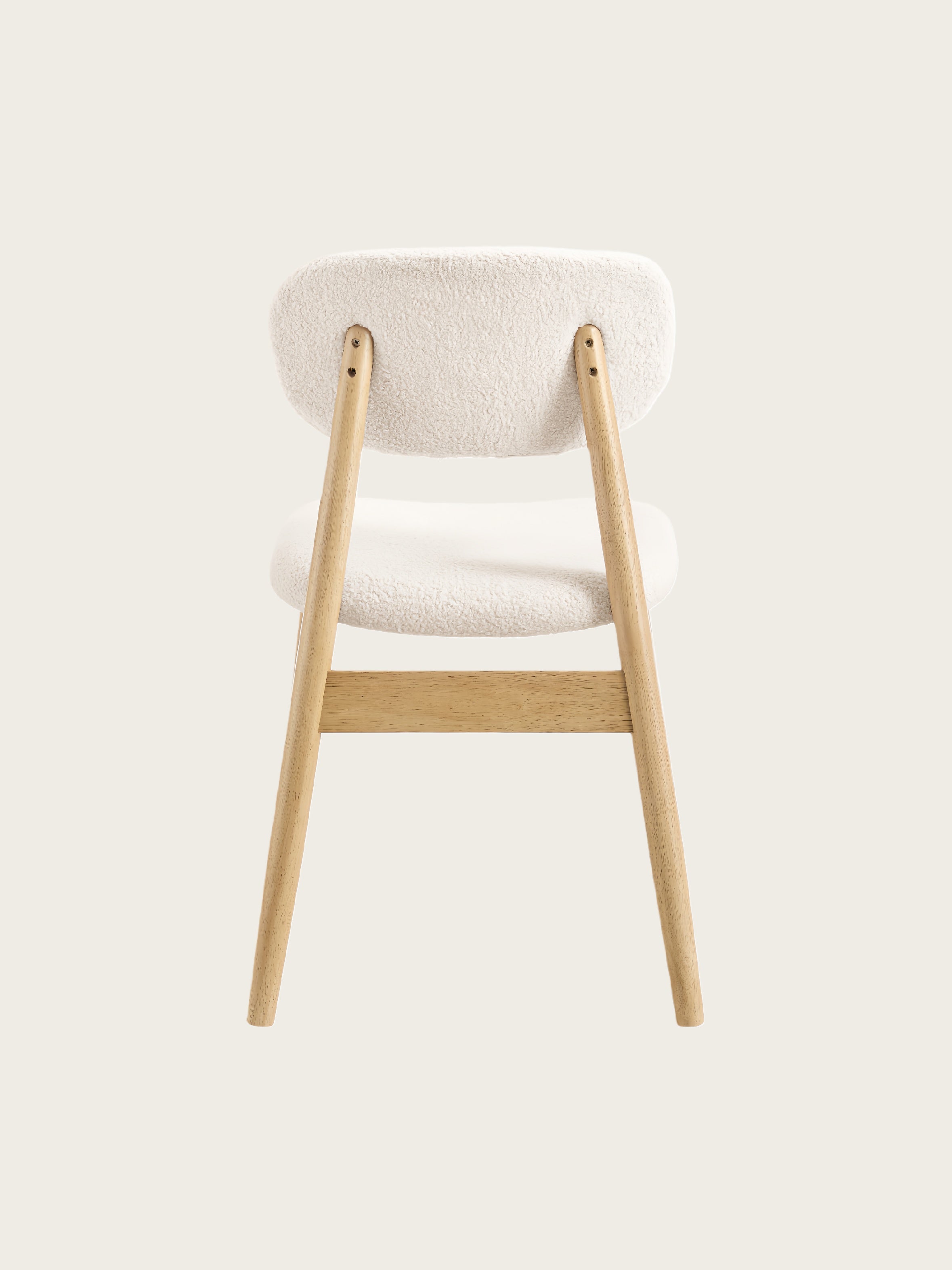 Back view of Xdeco Del Mar dining chair with teddy boucle upholstered backrest and solid rubberwood frame